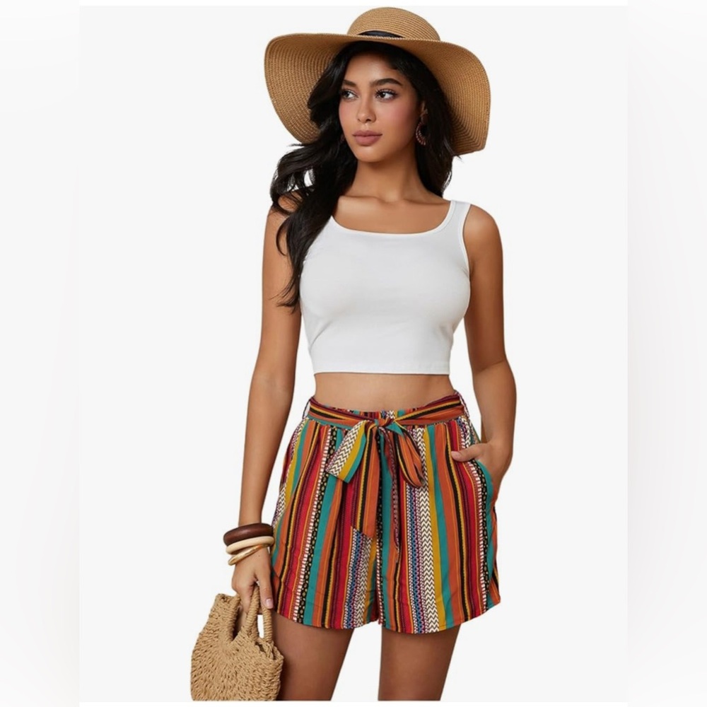 NWOT: 2 piece Boho outfit with white cropped tank and tribal print belted shorts